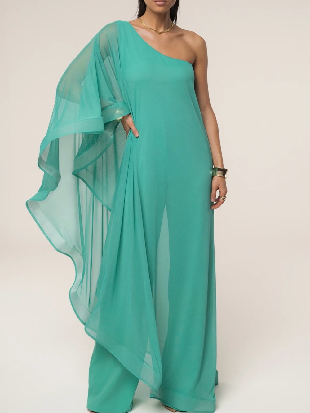 JLUXLABEL One-Shoulder Teal Jumpsuit with Sheer Cape